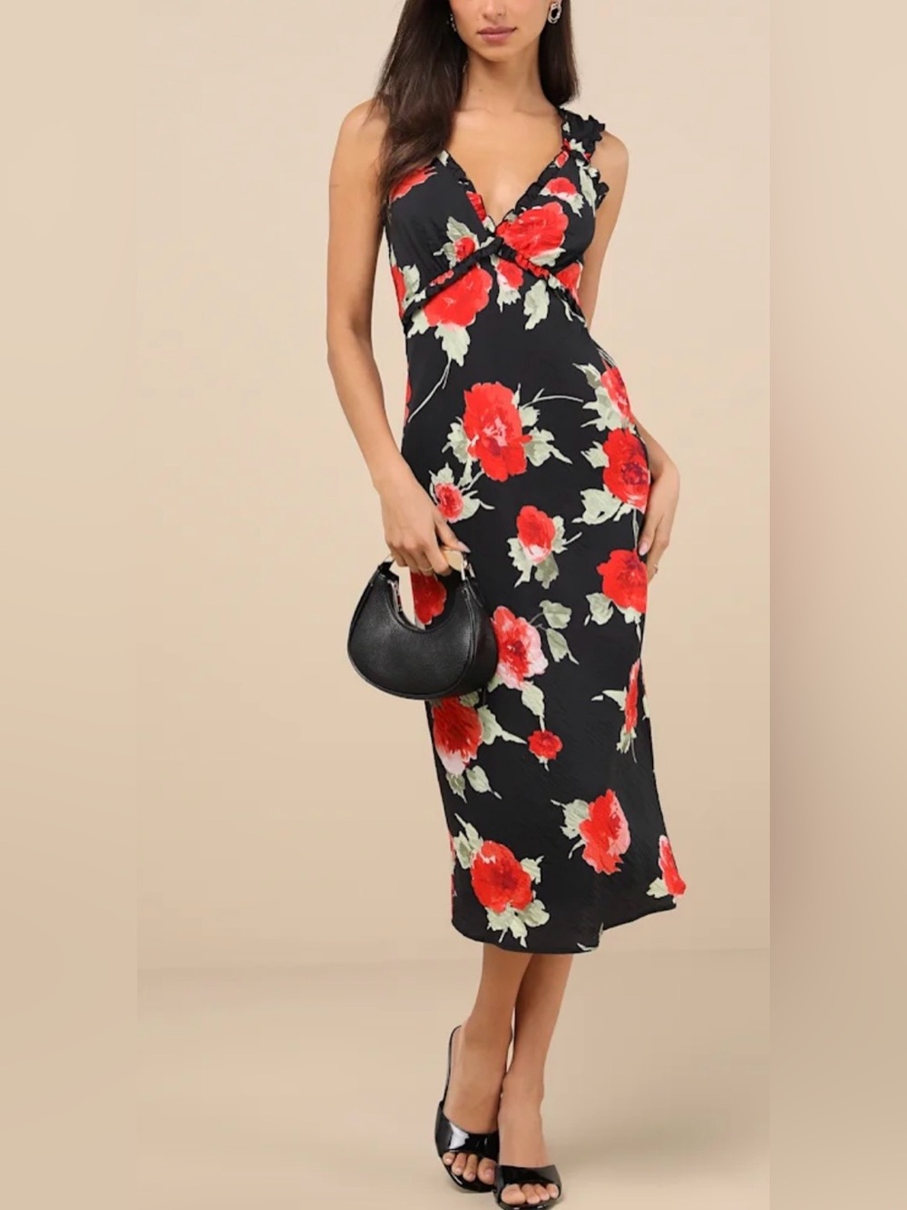 NWT Lulus Clarrie Black Floral Crinkle Satin Ruffled Midi Dress, Medium, Roses